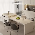Modern Open Kitchen Interior With White Island Counter Fruits Vase Chairs And Appliances
