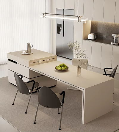 Modern Open Kitchen Interior With White Island Counter Fruits Vase Chairs And Appliances 3d model