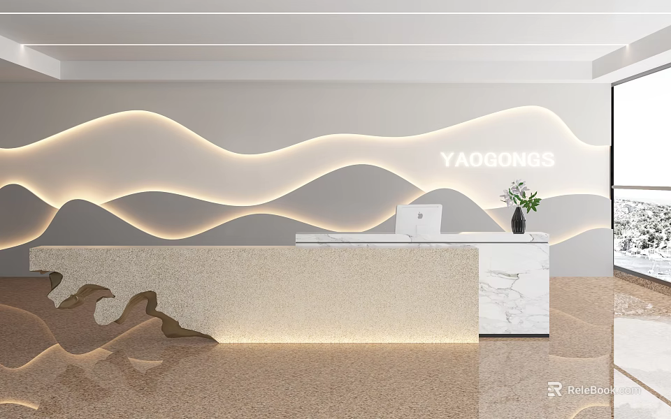 Modern Hotel Lobby With Wavy Wall Design Ambient Lighting And Marble Reception Desk 3d model 