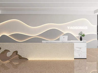 Modern Hotel Lobby With Wavy Wall Design Ambient Lighting And Marble Reception Desk 3d model