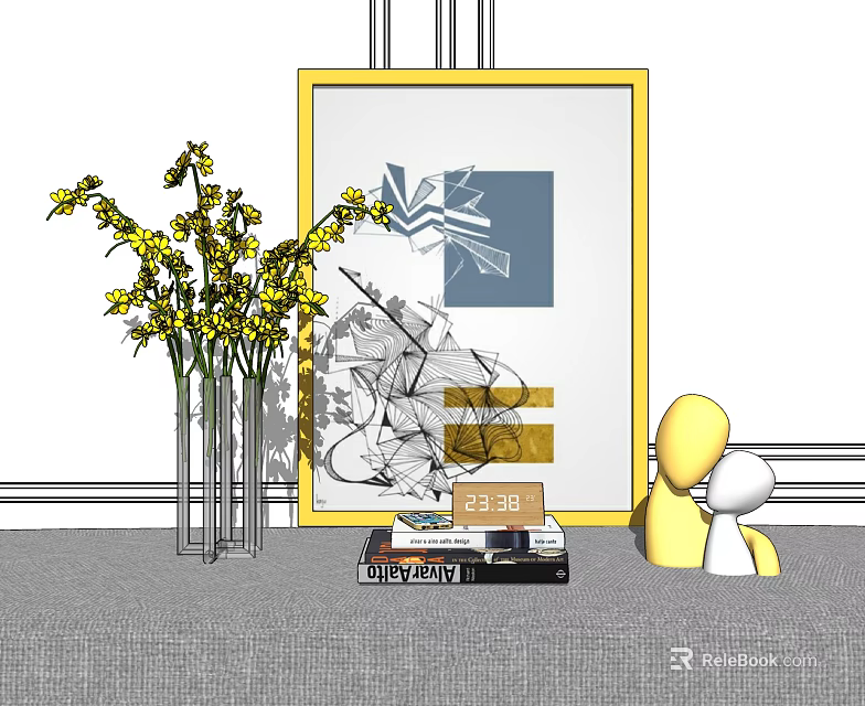 Decorative Ornament Set With Yellow Framed Painting Vase Yellow Flowers Stacked Books And Figurines 3d model 