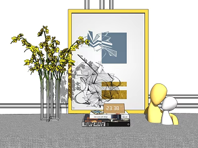 Decorative Ornament Set With Yellow Framed Painting Vase Yellow Flowers Stacked Books And Figurines 3d model