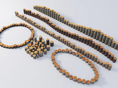 Stone Wood Cylindrical Log Structures Arranged in Circular and Linear Geometric Shapes 3d model