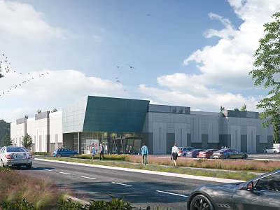 Modern Industrial Factory Building With Metal Structure Glass Facade Parking Lot Road And Green Landscape 3d model