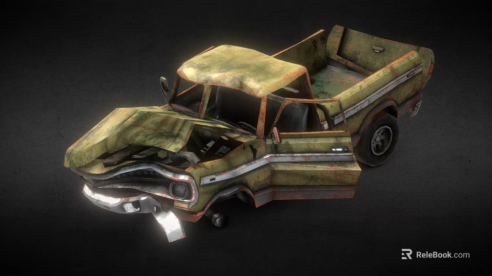 Old Rusty Pickup Truck With Open Doors Damaged Body And Broken Parts 3d model 