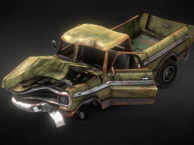 Old Rusty Pickup Truck With Open Doors Damaged Body And Broken Parts 3d model