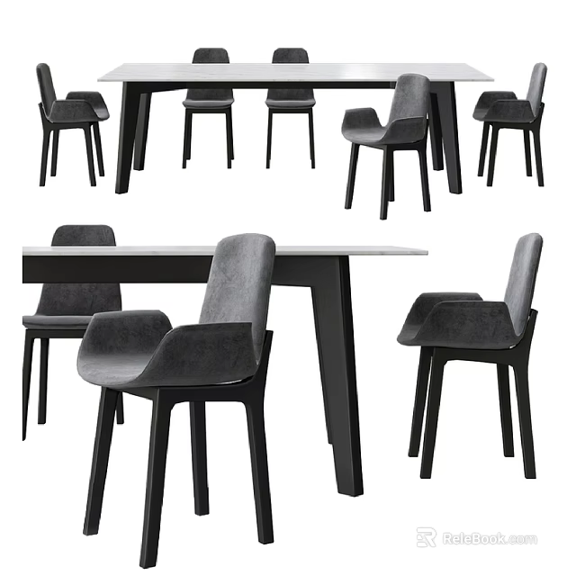 Stylish Modern Dining Table Set With Rectangular Top And Gray Chairs 3d model
