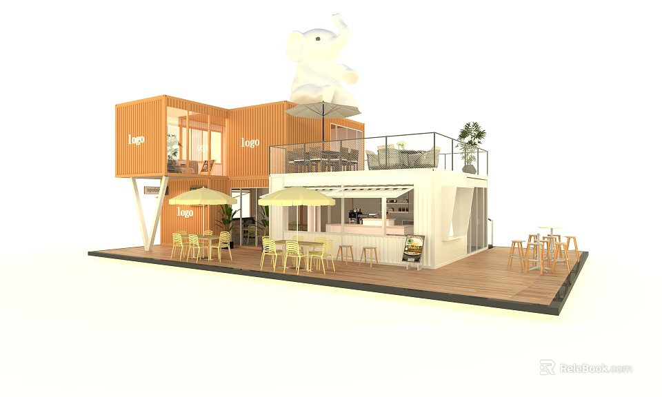 Orange Container Cafe With Outdoor Tables Chairs Umbrellas And Seating Area 3d model