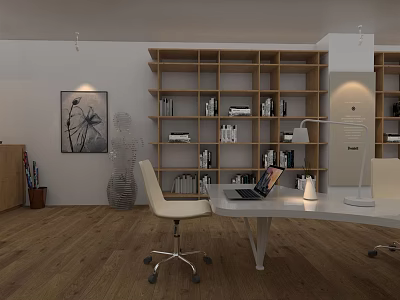 Modern Office Interior With White Bookshelves Laptop On Desk Wooden Floor And Chairs 3d model