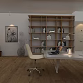 Modern Office Interior With White Bookshelves Laptop On Desk Wooden Floor And Chairs