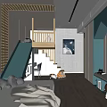 Kids Room Interior With Slide Loft Bed Green Cabinets Astronaut Toy And Stuffed Toys