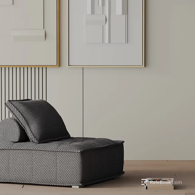 Elegant Black Woven Leisure Chair With Cushion In Modern Room With Light Walls And Artwork 3d model 