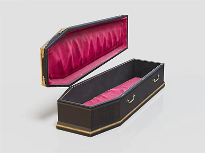 Open Black Funeral Casket With Pink Velvet Lining And Gold Trim 3d model