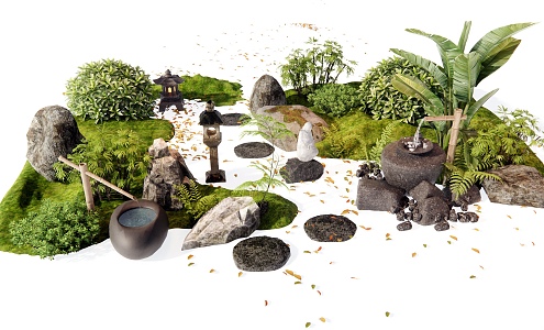 New Chinese Courtyard Micro-terrain Landscape Sits Landscape Stone Water Pot Water Landscape Tingbu Plant Landscape Landscaping Shrub 3d model