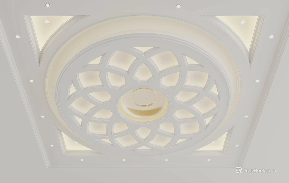 Modern Elegant Ceiling Design With Intricate Circular Cutout Pattern And Recessed Lighting 3d model 