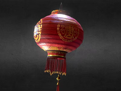 Red Traditional Chinese Lantern With Intricate Gold Patterns And Tassel Details As Decorative Furniture Piece 3d model