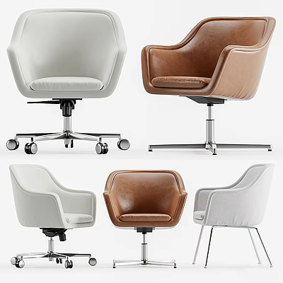 Comfortable Office Chairs With Swivel Wheels Metal Base And White Brown Upholstery Design 3d model