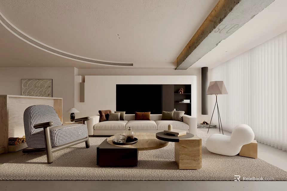 Modern Living Room Interior With Comfortable Sofa Coffee Table And Floor Lamp 3d model 