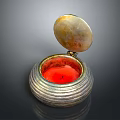 Open Silver Striped Trinket Box With Red Interior And Mother of Pearl Lid