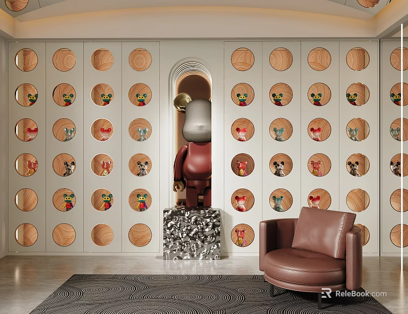 Wooden Display Shelves With Circular Compartments For Decorative Figurines In Modern Elegant Room 3d model 