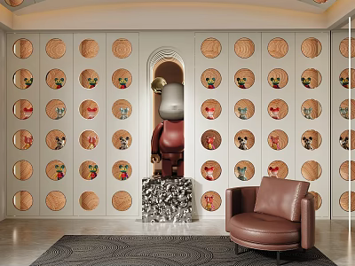 Wooden Display Shelves With Circular Compartments For Decorative Figurines In Modern Elegant Room 3d model