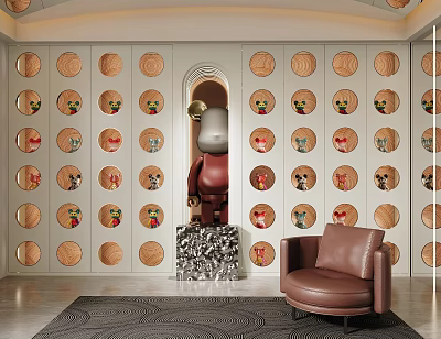 Wooden Display Shelves With Circular Compartments For Decorative Figurines In Modern Elegant Room 3d model