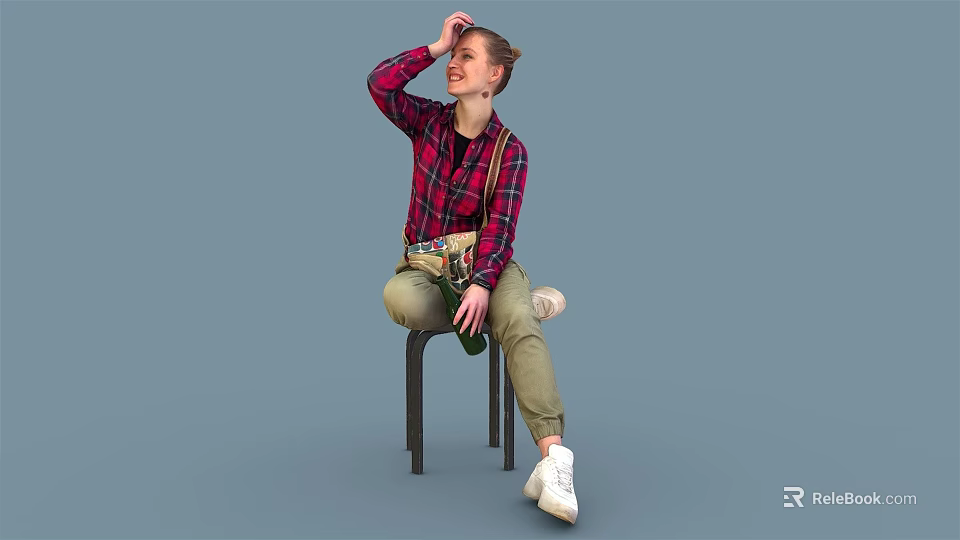 Woman In Red Plaid Shirt And Khaki Pants Sitting On Chair With Wine Bottle 3d model 