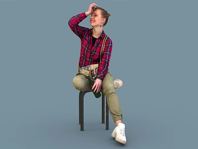 Woman In Red Plaid Shirt And Khaki Pants Sitting On Chair With Wine Bottle 3d model