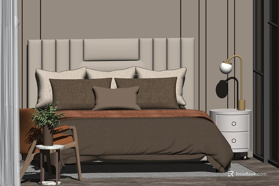 Modern Double Bed with Upholstered Headboard Brown Pillows White Nightstand and Table Lamp 3d model 