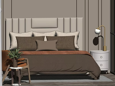 Modern Double Bed with Upholstered Headboard Brown Pillows White Nightstand and Table Lamp 3d model