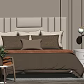 Modern Double Bed with Upholstered Headboard Brown Pillows White Nightstand and Table Lamp