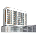Modern Office Building Exterior With Glass Windows Clear Sky And Pedestrians Around