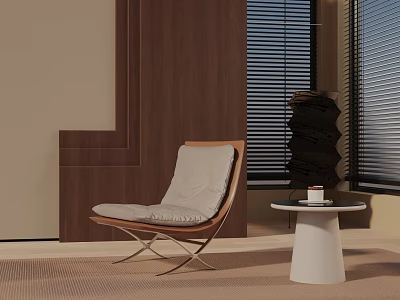 Modern Leisure Chair Featuring Wooden Frame And Beige Cushion In Stylish Room 3d model