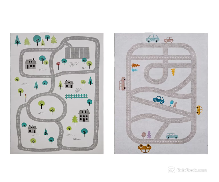 Kids Play Square Carpets with Road House Tree Car Dinosaur Patterns 3d model 