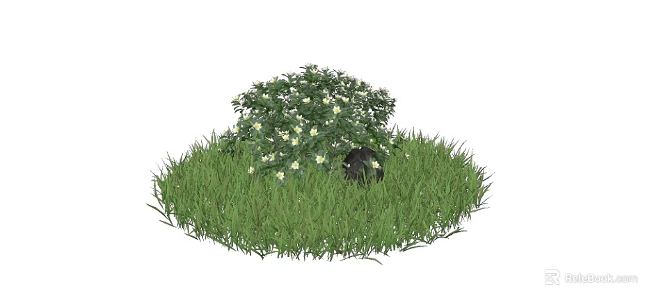 Lush Green Shrub With White Flowers Growing In Fresh Grass And Small Rabbit 3d model 