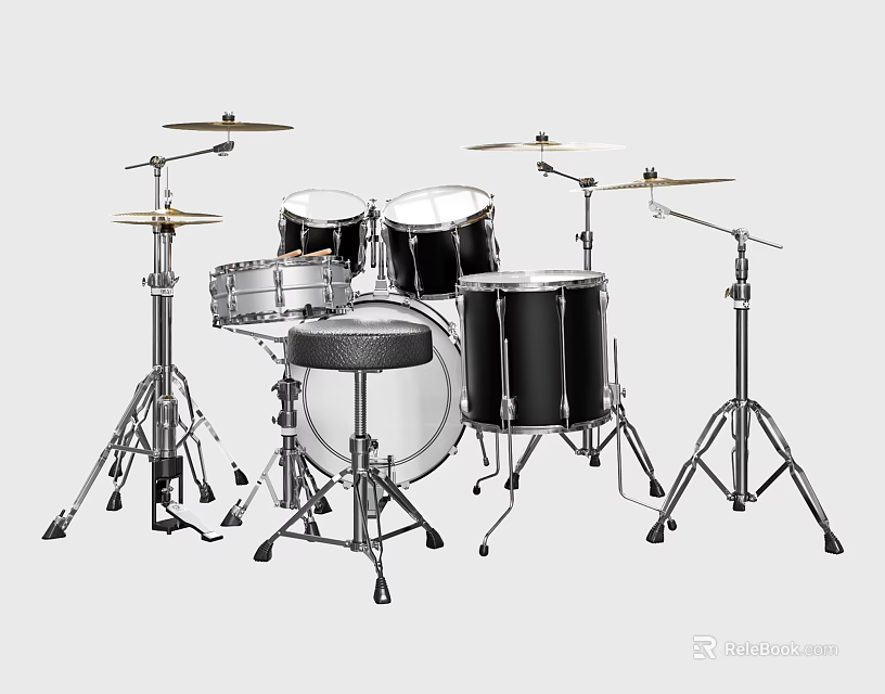 Professional Complete Drum Set Musical Instrument With Cymbals Stands And Black Silver Parts 3d model 