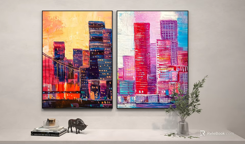 Vibrant Urban Landscape Paintings Hanging On Wall With Books Bull Figurine And Green Plant 3d model 