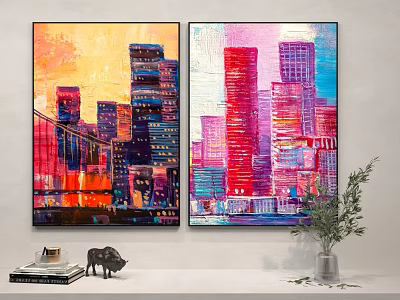 Vibrant Urban Landscape Paintings Hanging On Wall With Books Bull Figurine And Green Plant 3d model