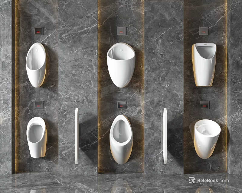 Modern White Urinals Installed On Gray Marble Wall With Gold Accents 3d model 