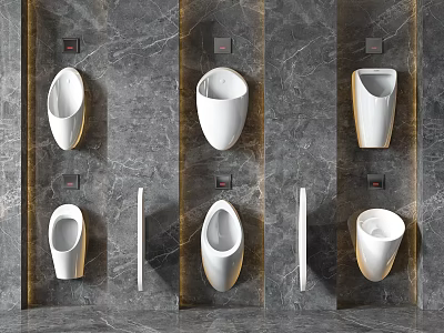 Modern White Urinals Installed On Gray Marble Wall With Gold Accents 3d model