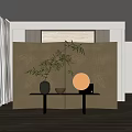 Modern Console Table With Golden Bamboo Pattern Screen Decorative Plant Vase And Round Lamp 3d model
