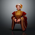 Medieval Female Character in Red and Gold Ornate Costume with Decorative Headdress