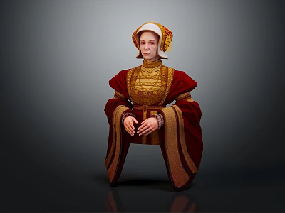 Medieval Female Character in Red and Gold Ornate Costume with Decorative Headdress 3d model