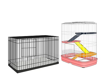 Black Simple Pet Cage And Multi Level Pet Cage With Pink Base Yellow Slide 3d model
