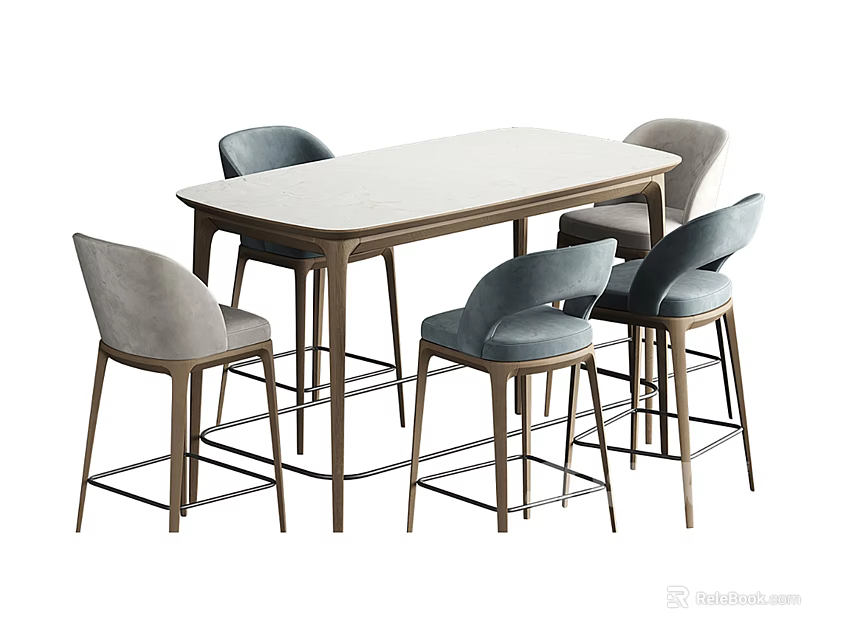 Modern Rectangular Dining Table Set With Light Top Wooden Legs And Gray High Back Chairs 3d model