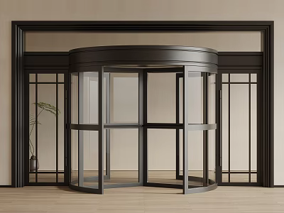 Stylish Revolving Door With Black Frame Glass Panels Wooden Floor And Plant 3d model