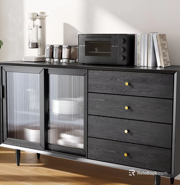 Modern Black Sideboard Cabinet Featuring Glass Doors Drawers Gold Handles Microwave Coffee Maker And Books 3d model 