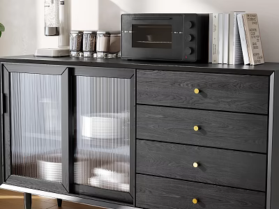 Modern Black Sideboard Cabinet Featuring Glass Doors Drawers Gold Handles Microwave Coffee Maker And Books 3d model