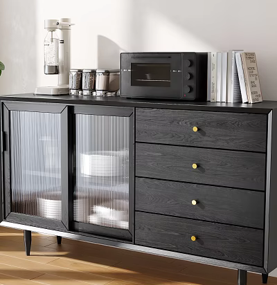 Modern Black Sideboard Cabinet Featuring Glass Doors Drawers Gold Handles Microwave Coffee Maker And Books 3d model
