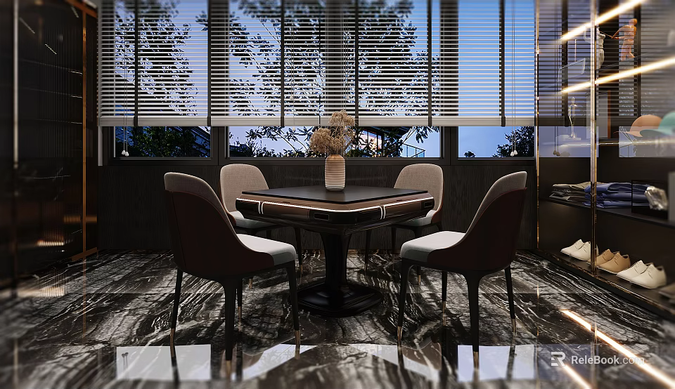 Elegant Hotel Mahjong Room Interior With Round Table Comfortable Chairs And Marble Floor 3d model 